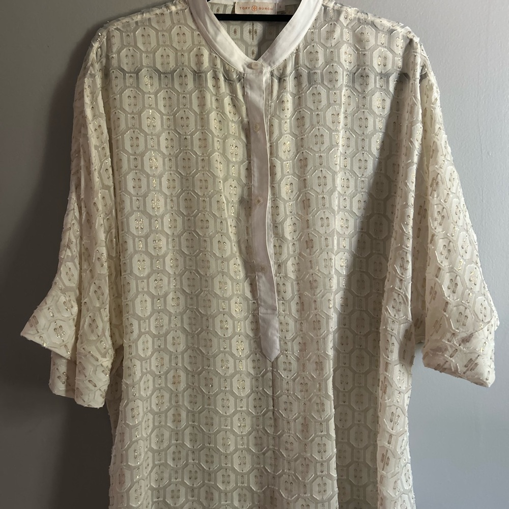 Tory Burch White and Gold Patterned Blouse